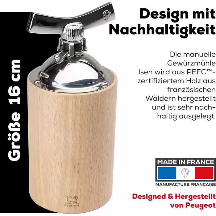 Peugeot Isen Manual Pepper Grinder, Classic Grind Setting, Height: 16 cm (6.3 inches), Wood/Stainless Steel, Natural, 35396