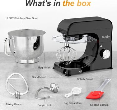 Планетарний кухонний комбайн-міксер 1300W, чаша з нержавіючої сталі 5.5л, 10 швидкостей, з насадками (гак, вінчик, міксер) та захистом від бризок, чорний