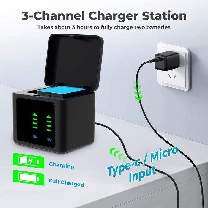 Зарядний комплект Hero12: 2 акумулятори 2580mAh + триканальна зарядка з LED-індикатором для GoPro Hero 12/11/10/9 Black