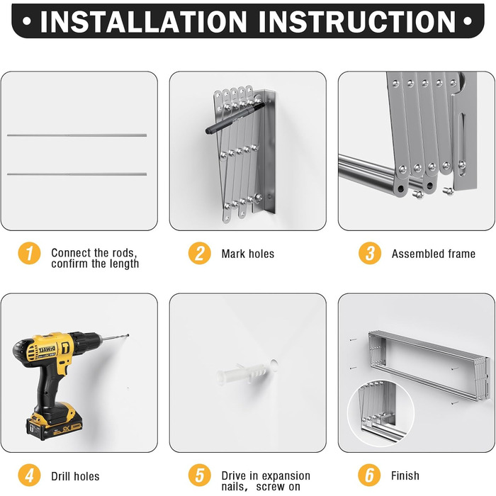 Настінна сушарка для білизни YOUDENOVA з 7 стійок, розсувна, для ванної кімнати, металевий тримач для рушників, срібна (42-80)x59x19 см