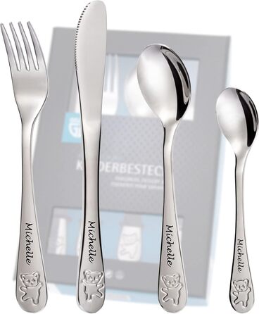 Дитячий столовий прилад Kinderbesteck з гравіюванням імені/мотива 'Teddy Bärchen' (ведмедик), 1 або 4 шт. у наборі, з нержавіючої сталі, гравіювання стильною літерою