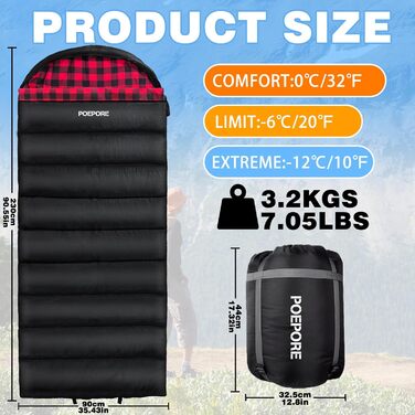 Сплячий мішок Poepore XXL для дорослих, 3-4 сезони, фланель, кемпінг, зимовий, 230x90 см (чорний/червоний)