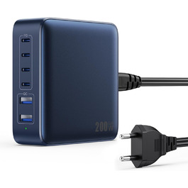 Мережевий зарядний пристрій USB-C на 200W з 6 портами GaN III Tech, PD+QC, з 4 USB-C та 2 USB-A, 65W для ноутбука, швидка зарядка для MacBook/iPad/iPhone 16/15/Samsung (блакитний)