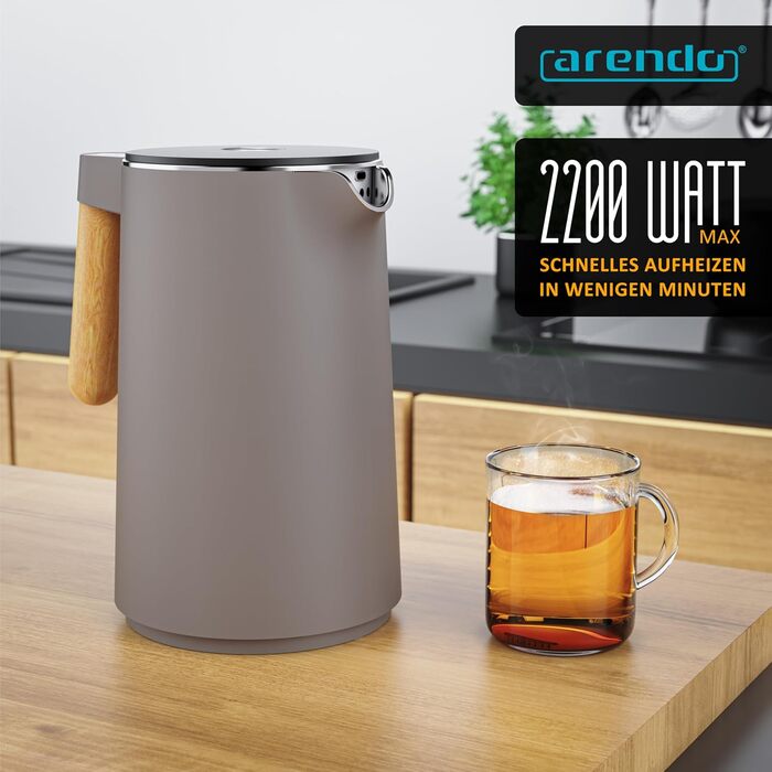 Електричний чайник Arendo з регулюванням температури, 1.5 л, нержавіюча сталь, подвійні стінки, BPA free, функція підтримки тепла, Cool Touch, Taupe C