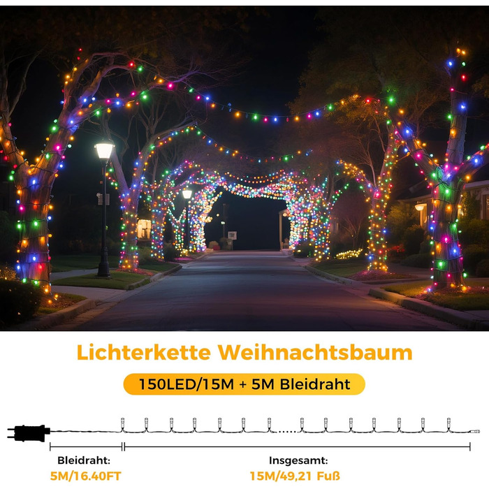 LED гірлянда на ялинку: 250 LED, тепле біле світло, 15м, IP44, 8 режимів, таймер, для дому та саду