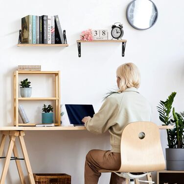 Настінна полиця з дерева, 2 шт. у комплекті, рустикальний стиль, з тримачем для рушників, світло-коричневий колір, для спальні, вітальні, ванної кімнати, кухні, офісу