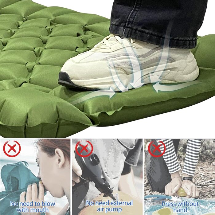 Каремат для кемпінгу та відпочинку на природі: самонадувний килимок, легкий, антипрокольний, з помпою та подушкою (армійний зелений)