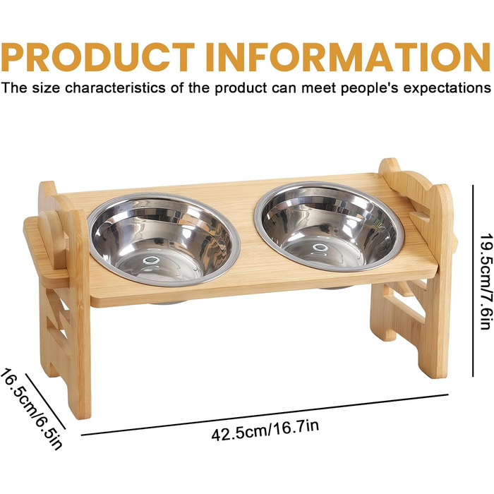 Підвищена годівниця для собак з бамбука з регулюванням висоти, 2 миски з нержавіючої сталі, нахилена годівниця для собак та котів, міцна