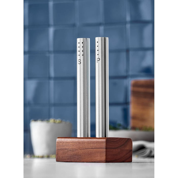 WMF Salt and Pepper Shaker Set - 2 Piece. Salt Shaker, Pepper Shaker, Acacia Wood, Matte Finish, Hand Wash. & WMF Bel Gusto Cromargan Stainless Steel Salt and Pepper Shaker Set - 2 Piece.