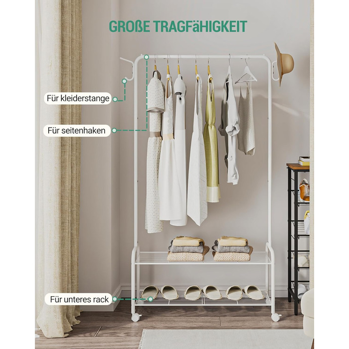 Clothes rack with 2-tier shelf, 3-in-1 design, clothes stand with 4 wheels, coat rack with 4 hooks for bags, GR07499A (White)