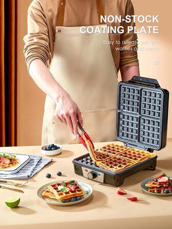 Reemix 4-Waffle Belgian Waffle Maker - 1200W Electric with Non-Stick Plates, Adjustable Temperature & Easy Cleaning, Stainless Steel