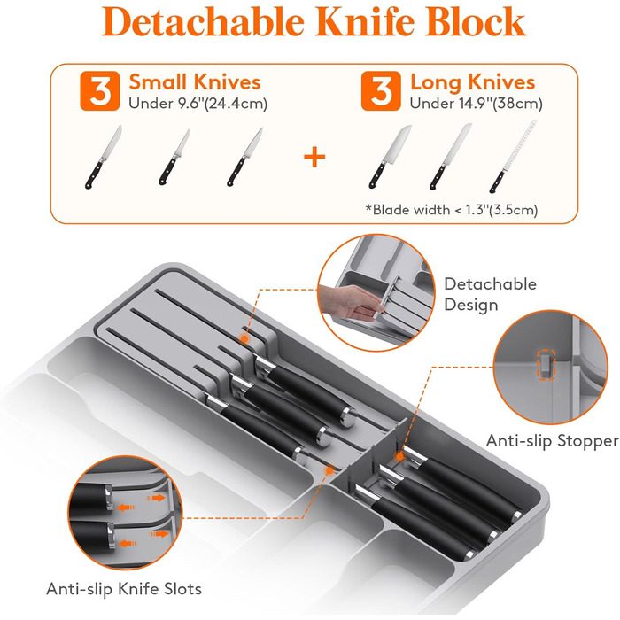 Органайзер для столових приборів Lifewit в шухляду, розширюваний, з відділенням для ножів (40 см, сірий)