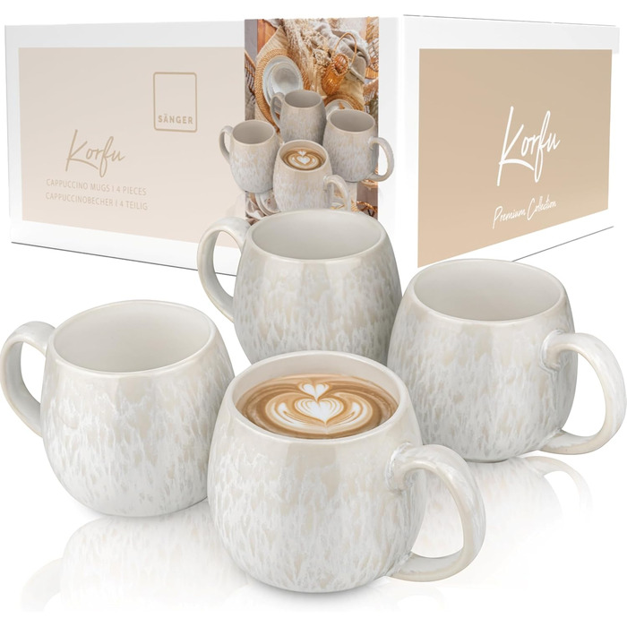 Набір чашок SÄNGER Korfu (4 шт.) - чашки для кави та чаю, ручної роботи, 300 мл, кремовий колір, з пісочною текстурою, преміум-якість, набір на 4 персони, стійкі до миття в посудомийній машині