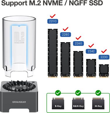 Док-станція для M.2 SSD з охолодженням GrauGear: NVMe PCIe, NGFF SATA, USB3.2 Gen2 10Gbps (22110/2280/2260/2242/2230)