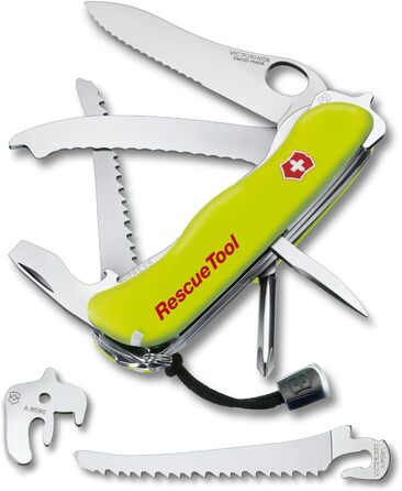 Мультитул Victorinox Rescue Tool MW - рятувальний ніж для пожежників, 13 функцій, лезо з хвилястим лезом, фіксація однією рукою (жовтий)
