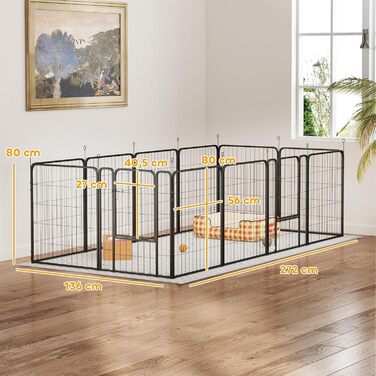 PawHut Забіг для собак, сталевий вольєр з 12 панелей, складаний, 60H см, 2 двері, для малих собак, чорний (204 x 204 x 80 см)