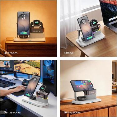 Бездротова зарядка 3-в-1 для Samsung Galaxy S25/S24/S23/S22 з магнітним кільцем, швидка зарядка з годинником та нічником, біла