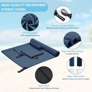 Рушник мікрофібра Flintronic, 200x100 см, великий пляжний рушник, швидковисихаючий, для спорту, подорожей, пляжу, сауни (Темно-синій, (180*90 см)*1 + (80*40 см)*2)