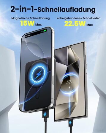 Power Bank 12000mAh з MagSafe, Магнітний Пауербанк Швидка Зарядка QC4.0 22,5W PD20W USB-C, Бездротовий Акумулятор для iPhone 16/15/14/13/12, Чорний