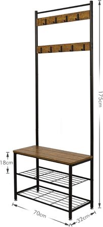 Mondeer Coat Rack, Shoe Rack with Coat Rack, 3 Shelves and 9 Detachable Hooks, Industrial Design, Metal and Wood Construction, 70 x 32 x 175 cm, for Entryway, Brown