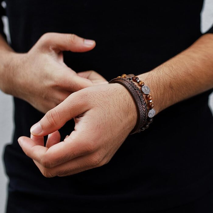 Чоловічий браслет Dochais з нержавіючої сталі та натуральної шкіри з хрестом Ісуса Христа, плетіння з натурального каменю, магнітна застібка, аксесуар для чоловіків (колір: коричневий, розмір: 19 см)