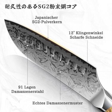 Ніж кухарський SHAN ZU Damast 20 см з японської сталі SG2, ручка з акації, серія WHITE TIGER