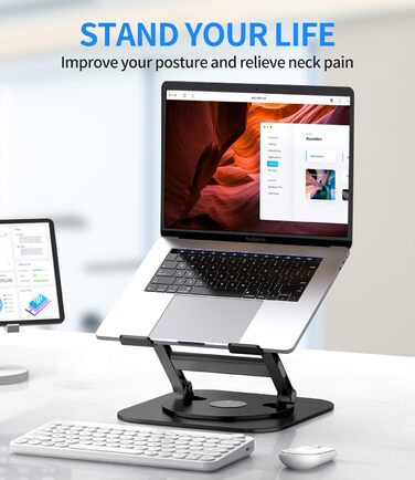 AOEVI Adjustable Laptop Stand with 360° Swivel Base - Ergonomic Foldable Laptop Riser for Desk - Compatible with MacBook Pro/Air & Notebooks up to 16 inches - Black