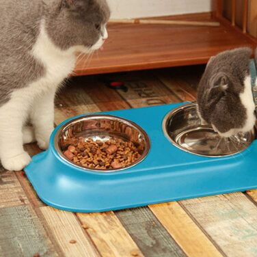 Підвищений годівниця для кошенят та цуценят, з нержавіючої сталі, з підставкою, захист шийного відділу хребта, нахил 15°, неслизька, подвійно піднята годівниця для домашніх тварин, для котів та маленьких собак (подвійний миска / Blue)