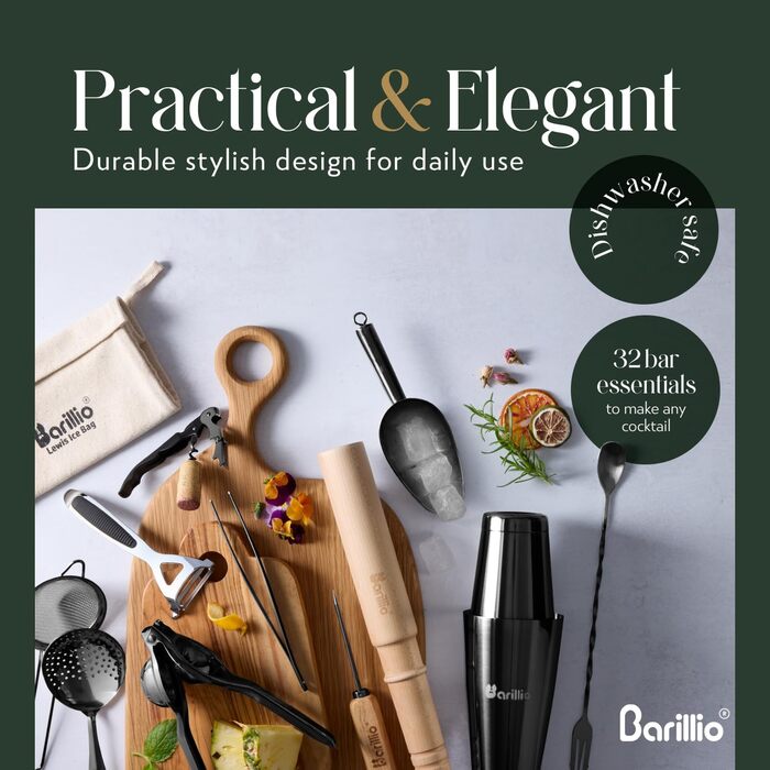 Набір барного інвентарю Barillio Pro Edition – 32 елементи: шейкер, міксер, мадлер та інше для приготування коктейлів вдома. З нержавіючої сталі.