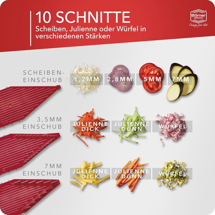 Набір Börner Gemüsehobel V5 (Profi Set): 7-частинний набір для нарізки овочів з регульованим V-подібним ножем з нержавіючої сталі, включає док-станцію. Червоний колір.