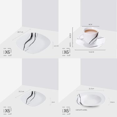 Набір посуду VEWEET FIONA (30 предметів): тарілки та миски для 4 осіб, чорно-сі лінії, для вечері, безпечний у мікрохвильовці та посудомийній машині