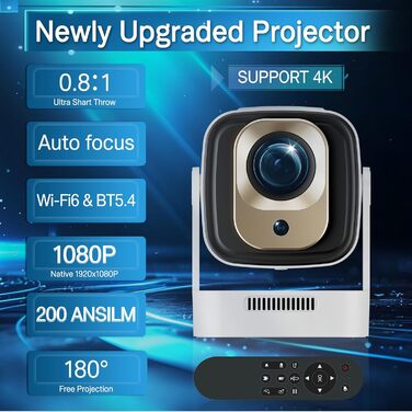 4K Міні-проектор Beamer для домашнього кіно з Wi-Fi 6 та Bluetooth 5.0, 170 ANSI Lumen, Android 11 (HY260pro)