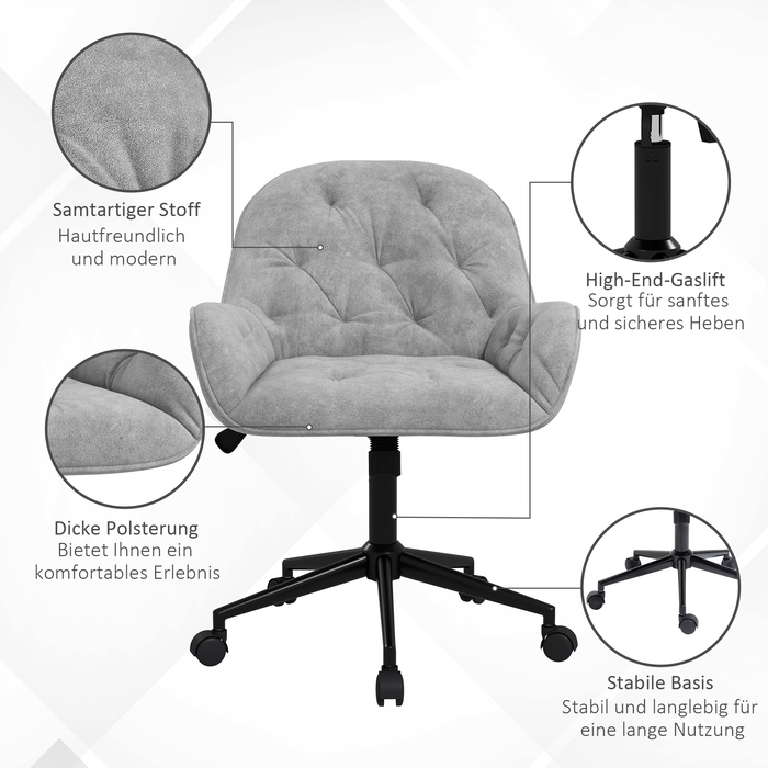 Vinsetto Adjustable Swivel Chair, Ergonomic Office Chair with Velvet-Look Finish in Light Gray for Living Room & Office