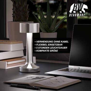 LED настільна лампа CSL бездротова, диммувана – 3 кольори світла, акумулятор, сенсорне управління, USB-C, вінтажний стиль, нержавіюча сталь, для дому та вулиці