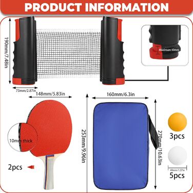 Набір для настільного тенісу CHRI: 2 ракетки, сітка, 6 м'ячів, сумка. Підходить для дітей та дорослих