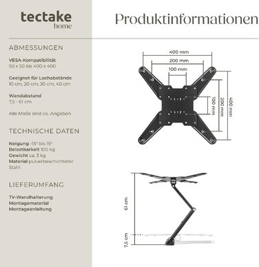 Настінний кронштейн для телевізора tectake® 400793, поворотний та нахильний, для діагоналей 66-191 см (26