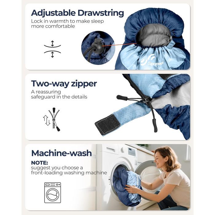 Сплячий мішок Outdoor Sportneer для дорослих та дітей - легкий, портативний, для кемпінгу, походів, рюкзаків, 220x80см, темно-синій + світло-синій