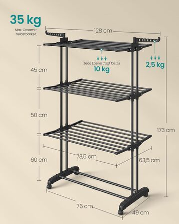 SONGMICS Сушарка для білизни на коліщатках, 4 яруси, чорна, 63.5 x 125.5 x 173 см, LLR703G01