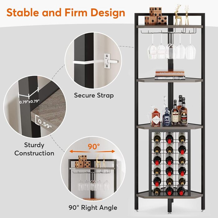 Tribesigns Wine Rack Freestanding Floor, 4-Tier Corner Wine Rack with Glass Holder & Wine Storage, Industrial Wine Rack Wine Bar Cabinet for Bar, Kitchen, Dining Room, Grey