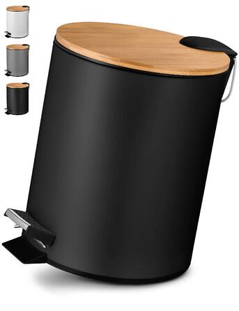 Смітник для косметики VMbathrooms 3L з педаллю та бамбуковою кришкою, Soft-Close, чорний матовий, для ванної кімнати та туалету