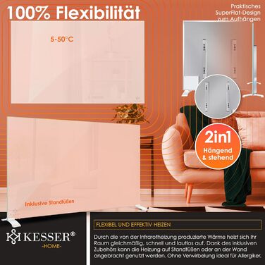 Інфрачервовий обігрівач KESSER® з функцією 2 в 1: підлоговий та настінний. Енергозберігаючий склокерамічний обігрівач з дистанційним керуванням, термостатом, детектором відчинених вікон та керуванням через додаток. Потужність 500W, білий колір.