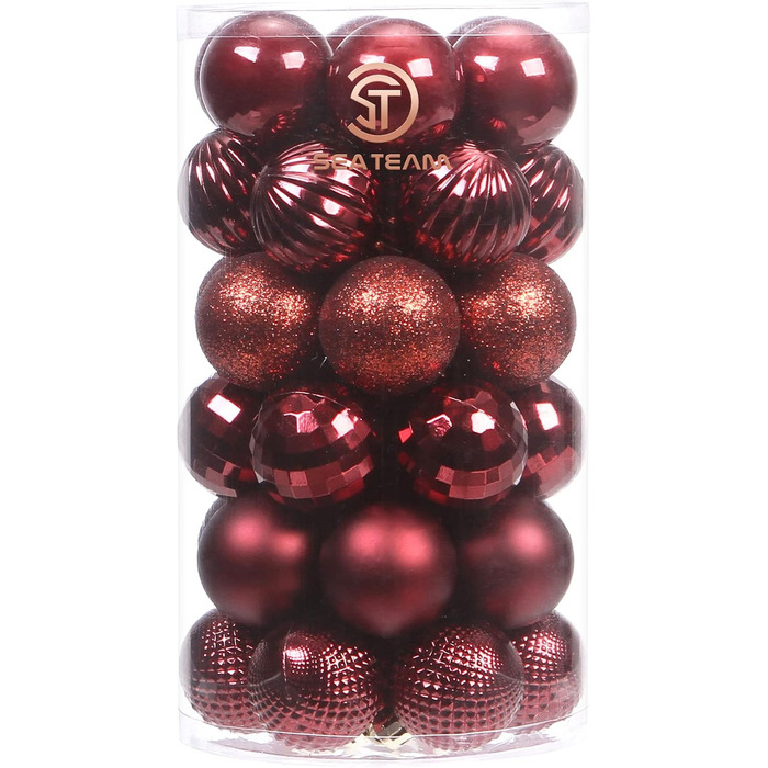 41 штука прикрас для ялинки Sea Team: міцні пластикові кулі з шнурком, 60 мм (бургунді) та 40 мм. Ідеально для ялинки, вечірки, весілля