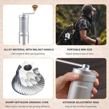 NewlukPro M7 Manual Coffee Grinder, sharp heptagonal burr, walnut handle, coffee grinder with 48 settings, three-tier coffee grinder, small coffee grinder for pour-over French Press Espresso