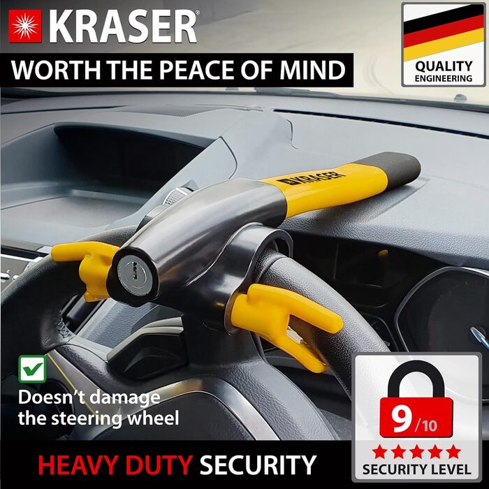 Протиугінний замок на кермо KRASER KR855Y, висока безпека, універсальна блокіратор керма для авто, автодімів та легкових автомобілів