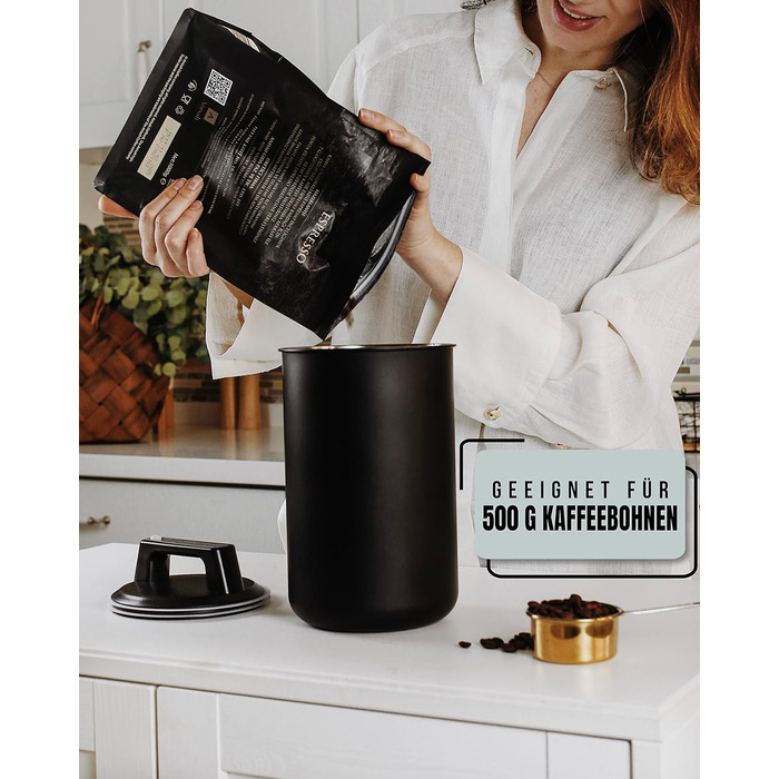 Контейнер для кави KC Kitchen & Co. – герметичний, 1700 мл, нержавіюча сталь, вакуумний клапан, для кави, чаю, цукру, мюслі, матовий чорний