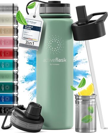 Фляга для води з нержавіючої сталі з трубочкою та інфузером, 3 кришки: BPA-free, не протікає, підходить для газованої води - спортивна фляга, термофляга, ізотермос, для дітей, 680 мл, Sage