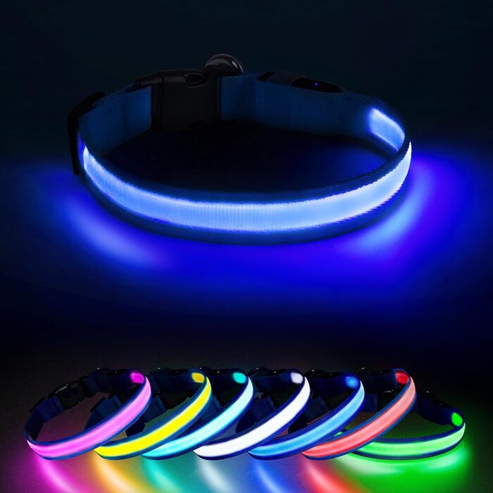 Світлодіодне нашийник для собак Jewyow 7-в-1, багатоквітний, USB-C, водонепроникний, для малих, середніх та великих собак - Синій, M