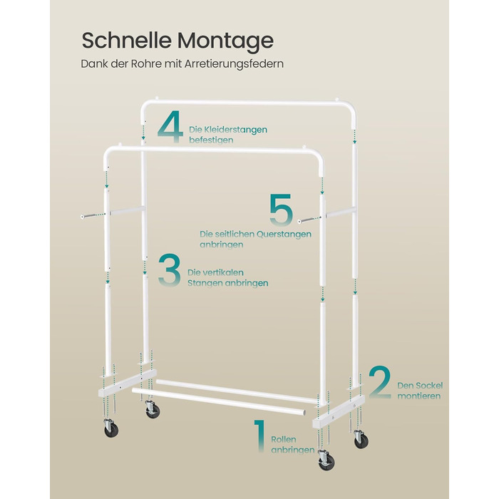 SONGMICS Вішалка для одягу на коліщатках, гардеробний стійка, білий матовий, 2 стійки, до 50 кг, 38 x 110 x 141,5 см, HSR016BH01