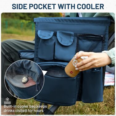 Складний туристичний стілець Timber Ridge XXL (230 кг) з широким сидінням (62 см), високою спинкою, підстаканником та міцними підлокітниками для кемпінгу, пікніка, саду та балкону (Блакитний, 1 шт)