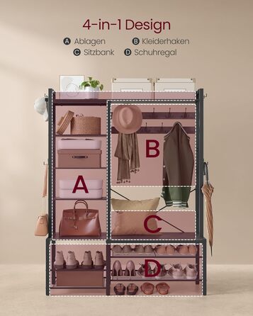 VASAGLE Coat Rack with Shoe Bench, Wardrobe, 5 Shelf Levels made of Particleboard, 9 Triple Hooks, 6 Side Hooks, 40 x 120 x 190 cm, Stone Grey-Ink Black HSR426B04